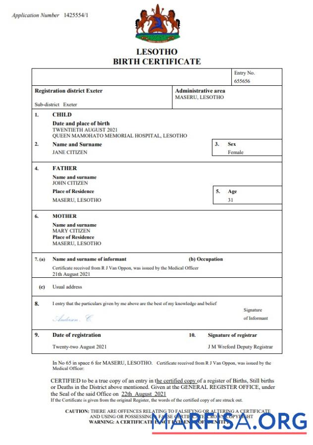 Downloadable Lesotho birth certificate Word and PDF template